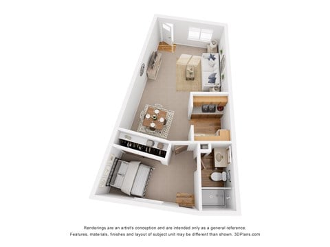 Floor plan for 1 bed, 1 bath, 625 sqft